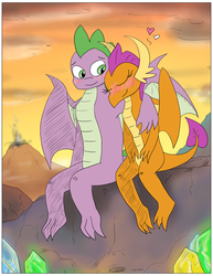 Size: 2550x3300 | Tagged: safe, artist:loreto-arts, smolder, spike, dragon, g4, blushing, cute, female, happy, heart, high res, love, male, older, ship:spolder, shipping, smolderbetes, spikabetes, straight, winged spike, wings