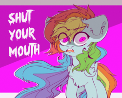 Size: 2500x2000 | Tagged: safe, artist:etoz, rainbow dash, pegasus, pony, g4, angry, chest fluff, crazy face, eyebrows, faic, fangs, female, high res, insanity, mare, open mouth, rage, scary, scary face, shut up, simple background, solo, teeth, text, wings