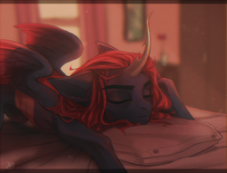 Size: 1270x968 | Tagged: safe, artist:livingcolor1234, oc, oc only, oc:king phoenix embers, changeling, bed, pillow, red changeling, sleeping, sleeping in, ych result