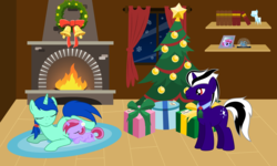 Size: 10000x6000 | Tagged: safe, artist:northernthestar, oc, oc only, oc:lilac petal, oc:mint berry, oc:white delusion, pony, unicorn, absurd resolution, christmas, christmas tree, christmas wreath, female, filly, fireplace, holiday, male, mare, present, prone, snow globe, stallion, tree, wreath