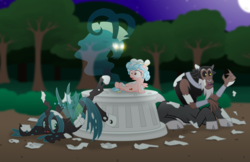 Size: 3000x1941 | Tagged: safe, artist:aleximusprime, cozy glow, grogar, lord tirek, queen chrysalis, centaur, changeling, changeling queen, ghost, pegasus, pony, sheep, undead, flurry heart's story, g4, the ending of the end, a better ending for chrysalis, a better ending for cozy, a better ending for tirek, belly, confused, escape, female, filly, group, high res, hilarious in hindsight, legion of doom, legion of doom statue, male, night, pedestal, real grogar, spectre, spirit, statue, stone