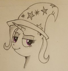 Size: 1957x2048 | Tagged: safe, artist:polar_storm, trixie, pony, unicorn, g4, bust, female, hat, monochrome, partial color, purple eyes, simple background, sketch, smug, solo, traditional art, white background, wizard hat
