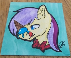 Size: 2947x2404 | Tagged: safe, oc, oc only, oc:shining glow, pony, bowtie, bust, colored pupils, ear fluff, food, high res, ice cream, ice cream cone, irl, licking, licking lips, male, photo, portrait, solo, stallion, tongue out, traditional art