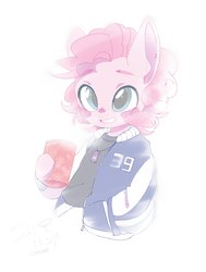 Size: 1300x1720 | Tagged: safe, artist:potetecyu_to, pinkie pie, earth pony, semi-anthro, g4, arm hooves, clothes, drink, ear piercing, earring, female, hoof hold, jacket, jewelry, necklace, piercing, solo