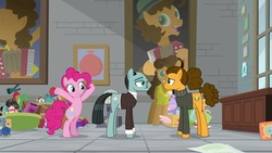 Size: 1920x1080 | Tagged: safe, screencap, cheese sandwich, pinkie pie, sans smirk, pony, g4, the last laugh, alternate hairstyle, clothes, sweater, turtleneck