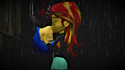 Size: 2560x1440 | Tagged: safe, artist:mr-wolfapex, flash sentry, sunset shimmer, equestria girls, g4, 3d, clothes, female, jacket, kissing, leather jacket, male, night, rain, ship:flashimmer, shipping, spider-man, spiderman kiss, straight