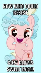 Size: 400x713 | Tagged: safe, edit, edited screencap, screencap, cozy glow, pony, g4, belly, caption, cozy glow is best facemaker, cozybetes, cropped, cute, female, filly, foal, image macro, needs more jpeg, solo, text