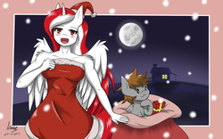 Size: 1920x1200 | Tagged: safe, artist:kiminofreewings, oc, oc:indonisty, oc:kimino, alicorn, pegasus, pony, anthro, christmas, clothes, costume, digital art, fanart, female, holiday, indonesia, male, nation ponies, original art, original style, ponified, simple background