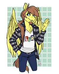 Size: 1400x1750 | Tagged: safe, artist:rancid art studio, oc, oc only, oc:rory kenneigh, pegasus, anthro, anthro oc, beard, chest fluff, clerks, clothes, facial hair, pegasus oc, solo, wings