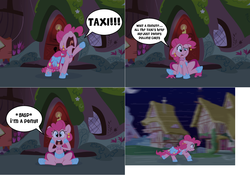 Size: 2340x1634 | Tagged: safe, artist:pippy, pinkie pie, earth pony, pony, pinkiepieskitchen, g4, captain obvious, clothes, comic, dignified wear, dress, female, furry confusion, gala dress, gasp, horses doing horse things, late, mare, solo, sudden realization, taxi