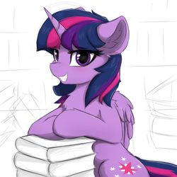 Size: 500x500 | Tagged: safe, artist:d.w.h.cn, twilight sparkle, alicorn, pony, g4, book, chest fluff, cute, ear fluff, female, leg fluff, looking at you, mare, shoulder fluff, simple background, sitting, smiling, solo, twiabetes, twilight sparkle (alicorn)