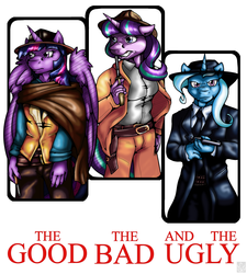 Size: 2920x3240 | Tagged: safe, artist:stormblaze-pegasus, starlight glimmer, trixie, twilight sparkle, anthro, g4, clothes, gun, handgun, hat, high res, holster, necktie, revolver, the good the bad and the ugly