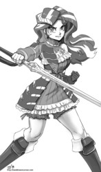 Size: 1000x1700 | Tagged: safe, artist:johnjoseco, sunset shimmer, human, g4, alternative cutie mark placement, bloodstained: ritual of the night, blue rose (bloodstained), boobie mark, crossover, female, grayscale, humanized, miriam, monochrome, solo, sword, weapon
