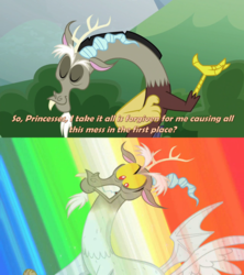 Size: 2000x2251 | Tagged: safe, edit, edited screencap, screencap, discord, draconequus, g4, season 2, season 9, the ending of the end, the return of harmony, a worse ending for discord, bowing, caption, comic, discord drama, eyes closed, high res, image macro, karma, male, petrification, scared, screencap comic, solo, taste the rainbow, text, turned to stone