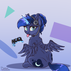 Size: 2480x2480 | Tagged: safe, alternate version, artist:lakunae, princess luna, alicorn, pony, g4, controller, female, headphones, headset, high res, looking at you, looking back, looking back at you, magic, mare, rear view, simple background, sitting, telekinesis, tongue out, wings