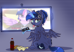 Size: 3500x2480 | Tagged: safe, artist:lakunae, princess luna, twilight sparkle, alicorn, pony, g4, chips, controller, female, food, game, headphones, headset, high res, looking at you, looking back, looking back at you, magic, mare, rear view, simple background, sitting, telekinesis, tongue out, twilight sparkle (alicorn), wings
