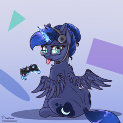 Size: 2480x2480 | Tagged: safe, artist:lakunae, princess luna, alicorn, pony, g4, controller, female, game, glasses, headphones, headset, high res, looking at you, looking back, looking back at you, magic, mare, rear view, simple background, sitting, telekinesis, tongue out, wings