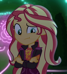 Size: 969x1073 | Tagged: safe, screencap, sunset shimmer, equestria girls, equestria girls series, g4, sunset's backstage pass!, spoiler:eqg series (season 2), clothes, cropped, crossed arms, cute, female, hedge maze, jacket, maze, neon garden maze, perplexed, shimmerbetes, solo