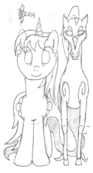 Size: 606x1122 | Tagged: safe, artist:parclytaxel, oc, oc only, oc:parcly taxel, oc:spindle, alicorn, pony, windigo, series:nightliner, alicorn oc, female, horn, looking at you, mare, monochrome, patreon, pencil drawing, sketch, smiling, traditional art, windigo oc