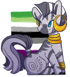 Size: 1280x1409 | Tagged: dead source, safe, artist:goober, zecora, pony, zebra, g4, aromantic, aromantic pride flag, asexual, asexual pride flag, cute, ear piercing, female, looking back, mare, piercing, pride, pride flag, sitting, solo