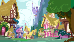 Size: 5120x2880 | Tagged: safe, artist:ronald rose, g4, background, canterlot castle, cloud, flower, hill, house, no pony, partly cloudy, ponyville, road, tree, well
