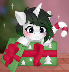Size: 2990x3100 | Tagged: safe, artist:yomechka, oc, oc only, oc:vex vixen, pony, unicorn, blushing, box, candy, candy cane, christmas, cute, female, filly, food, high res, holiday, pony in a box, present, short hair, solo