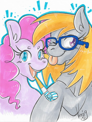 Size: 6888x9166 | Tagged: safe, artist:vederlicht, pinkie pie, oc, oc:cloud cuddler, earth pony, pegasus, pony, g4, :p, accessory, canon x oc, cute, glasses, party horn, pegasus oc, simple background, tongue out, traditional art