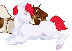 Size: 4961x3496 | Tagged: safe, artist:midnight-drip, oc, oc only, earth pony, pony, unicorn, cuddling, female, male, mare, prone, simple background, stallion, transparent background