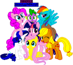 Size: 2180x1930 | Tagged: artist needed, safe, artist:allet the cat, editor:cocoa bittersweet, applejack, fluttershy, pinkie pie, rainbow dash, rarity, spike, twilight sparkle, alicorn, dragon, earth pony, pegasus, pony, unicorn, g4, cute, cutie mark, female, looking at you, lying down, male, mane seven, mane six, mane six opening poses, manepxls, mare, one eye closed, pixel art, prone, pxls.space, simple background, sitting, smiling, transparent background, twilight sparkle (alicorn), wink
