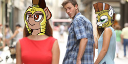 Size: 880x440 | Tagged: safe, artist:anonymous, artist:lockerobster, oc, oc only, oc:brave, oc:honour bound, earth pony, pony, fanfic:brave and vannie, fanfic:everyday life with guardsmares, 4chan, annoyed, armor, brave & vannie, distracted boyfriend meme, everyday life with guardsmares, female, guardsmare, mare, meme, royal guard
