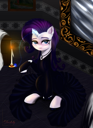 Size: 4550x6300 | Tagged: safe, artist:darksly, rarity, pony, unicorn, g4, black dress, candle, clothes, crossover, dress, eyeshadow, female, goth, jewelry, looking at you, magic, makeup, morticia addams, pendant, solo, telekinesis, the addams family