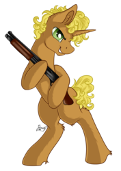 Size: 1024x1449 | Tagged: safe, artist:julunis14, oc, oc only, pony, unicorn, commission, gun, male, rearing, shotgun, simple background, solo, teeth, transparent background, weapon