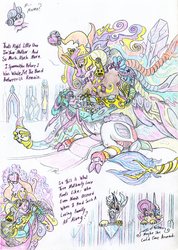 Size: 2469x3462 | Tagged: safe, artist:grimmyweirdy, cosmos, discord, fluttershy, princess flurry heart, draconequus, comic:cosmic cosmos, g4, baby, body horror, cosmageddon, crystal castle, crystal heart, diaper, draconequified, eldritch abomination, embrace, flutterequus, fusion, high res, horn, implied princess cadance, multiple horns, multiple limbs, multiple tails, multiple wings, species swap, story included, wings