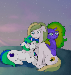 Size: 2776x2940 | Tagged: safe, artist:kirr12, oc, oc:annie berryheart, oc:fluorite, earth pony, pony, unicorn, cloud, evening, female, glasses, grass, high res, hug, looking at you, mare, sunset, trio