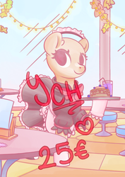 Size: 640x903 | Tagged: safe, artist:wavecipher, oc, oc only, alicorn, earth pony, pegasus, pony, unicorn, advertisement, cafè, clothes, commission, costume, cute, food, maid, pancakes, serving tray, solo, your character here