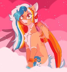 Size: 1280x1372 | Tagged: safe, artist:akiiichaos, oc, oc only, oc:echo, pegasus, pony, chest fluff, cloud, colored wings, ear fluff, female, heart eyes, hoofband, mare, multicolored hair, multicolored wings, sitting on a cloud, solo, wingding eyes, wings