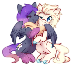 Size: 1373x1179 | Tagged: safe, artist:pomrawr, oc, oc only, pegasus, pony, blushing, clothes, colored hooves, ethereal mane, eyes closed, hug, oc x oc, one eye closed, pegasus oc, scarf, shared clothing, shared scarf, shipping, simple background, starry mane, transparent background, underhoof, winghug, wings, wink