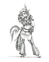Size: 1000x1275 | Tagged: safe, artist:baron engel, autumn blaze, kirin, anthro, unguligrade anthro, g4, belly button, belt, breasts, bridle, busty autumn blaze, chaps, cleavage, clothes, collar, cowboy hat, cowgirl, cowgirl outfit, daisy dukes, female, front knot midriff, gloves, hand on hip, hat, implied autumnjack, legs, midriff, monochrome, pencil drawing, pet tag, reins, rope, sexy, shorts, simple background, sketch, solo, spurs, stetson, tack, thighs, traditional art, white background