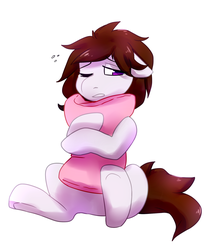 Size: 1672x1945 | Tagged: safe, artist:pomrawr, oc, oc only, earth pony, pony, earth pony oc, frown, hug, one eye closed, pillow, pillow hug, simple background, sitting, solo, tired, underhoof, white background, wink