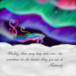 Size: 800x800 | Tagged: safe, artist:auroraswirls, oc, oc only, oc:aurora swirls, alicorn, pony, alicorn oc, aurora borealis, female, horn, implied fluttershy, mare, night, quote, running, snow, solo, text