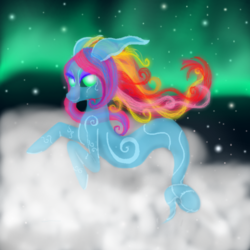 Size: 500x500 | Tagged: safe, artist:auroraswirls, oc, oc only, pony, windigo, aurora borealis, cloud, glowing eyes, night, on a cloud, snow, solo, stars, windigo oc