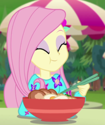 Size: 530x627 | Tagged: safe, screencap, fluttershy, equestria girls, equestria girls series, g4, lost and pound, spoiler:choose your own ending (season 2), spoiler:eqg series (season 2), bowl, chopsticks, cropped, cute, eating, egg (food), female, food, lost and pound: spike, noodle bowl, noodles, ramen, shyabetes, solo