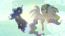 Size: 1920x1080 | Tagged: safe, screencap, princess celestia, princess luna, alicorn, pony, between dark and dawn, g4, duo, female, flying, looking at each other, mare, royal sisters, spread wings, wings
