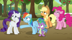 Size: 1920x1080 | Tagged: safe, screencap, applejack, pinkie pie, rainbow dash, rarity, spike, dragon, earth pony, pegasus, pony, unicorn, between dark and dawn, g4, apple, apple tree, applejack's hat, baby, baby dragon, claws, cowboy hat, cringing, displeased, female, folded wings, freckles, hat, looking up, male, mare, messy, narrowed eyes, pinkie pie is not amused, pointing, ponytail, rainbow dash is not amused, raised eyebrow, spread wings, stetson, sweet apple acres, tied tail, tree, unamused, winged spike, wings