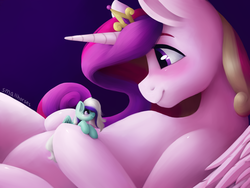 Size: 4000x3000 | Tagged: safe, artist:smallhorses, part of a set, princess cadance, oc, alicorn, pegasus, pony, g4, cute, cutedance, digital art, duo, female, mare, micro, part of a series, size difference, smiling