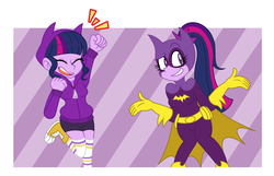 Size: 2528x1632 | Tagged: safe, artist:thewallop-cat12, sci-twi, twilight sparkle, equestria girls, g4, batgirl, cheering, clothes, converse, dc superhero girls, eyes closed, fist pump, grin, hoodie, missing accessory, open mouth, shoes, shrug, smiling, socks, tara strong, thigh highs, voice actor joke