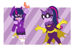 Size: 2528x1632 | Tagged: safe, alternate version, artist:thewallop-cat12, sci-twi, twilight sparkle, equestria girls, g4, batgirl, cheering, clothes, converse, dc superhero girls, eyes closed, fist pump, glasses, grin, hoodie, open mouth, shoes, shrug, smiling, socks, tara strong, thigh highs, voice actor joke