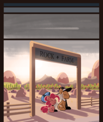 Size: 1200x1425 | Tagged: safe, artist:footsam, igneous rock pie, pinkie pie, earth pony, pony, ask pinkie pie and tornado, g4, blank flank, bow, duo, eyes closed, father and daughter, female, filly, filly pinkie pie, flashback, hair bow, hay, male, mouthless, rock farm, smiling, straw in mouth, younger