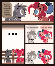 Size: 1200x1425 | Tagged: safe, artist:footsam, pinkie pie, oc, oc:tornado, earth pony, pegasus, pony, ask pinkie pie and tornado, g4, ..., awkward moment, blank flank, bow, colt, comic, female, filly, filly pinkie pie, hair bow, hair chewing, implied igneous rock pie, male, mane chewing, no catchlights, no pupils, offscreen character, spread wings, wavy mouth, wingboner, wings, younger