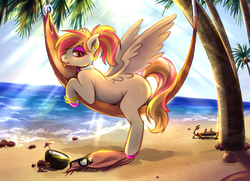 Size: 4000x2896 | Tagged: safe, artist:raranfa, oc, oc only, oc:carrot spring, pegasus, pony, beach, ear piercing, earring, female, hammock, jewelry, looking at you, mare, palm tree, piercing, solo, tree, water